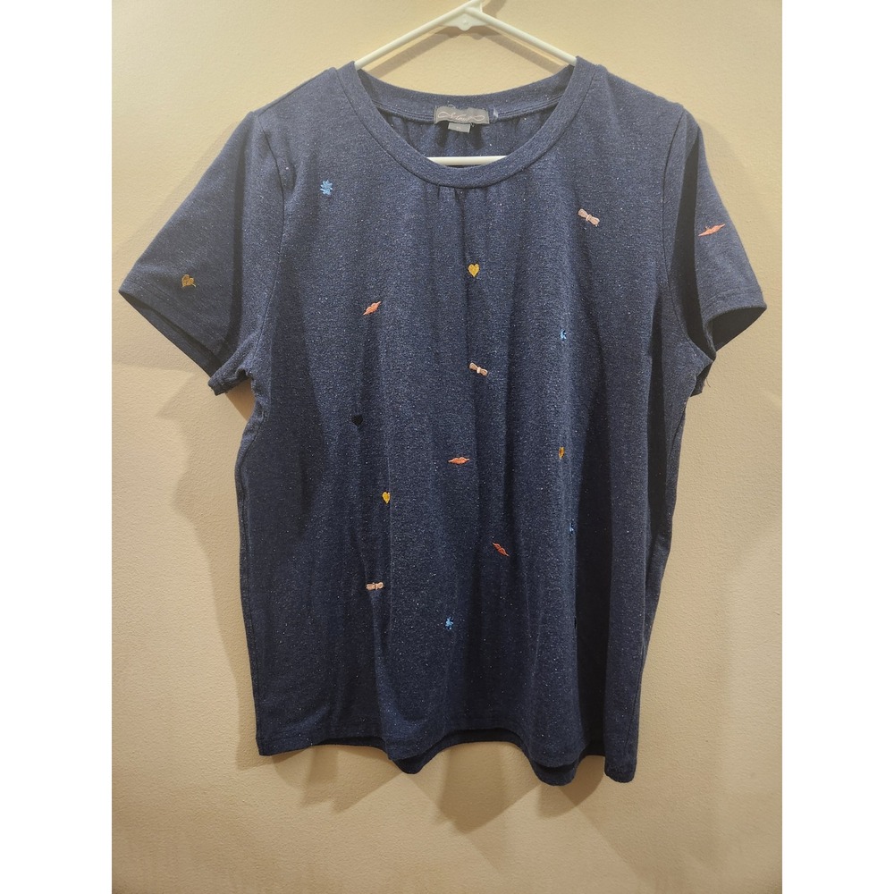 Woman's Metric Navy Blue Speckled Embroidered Heart Lips Bow Cotton T-Shirt XL‎